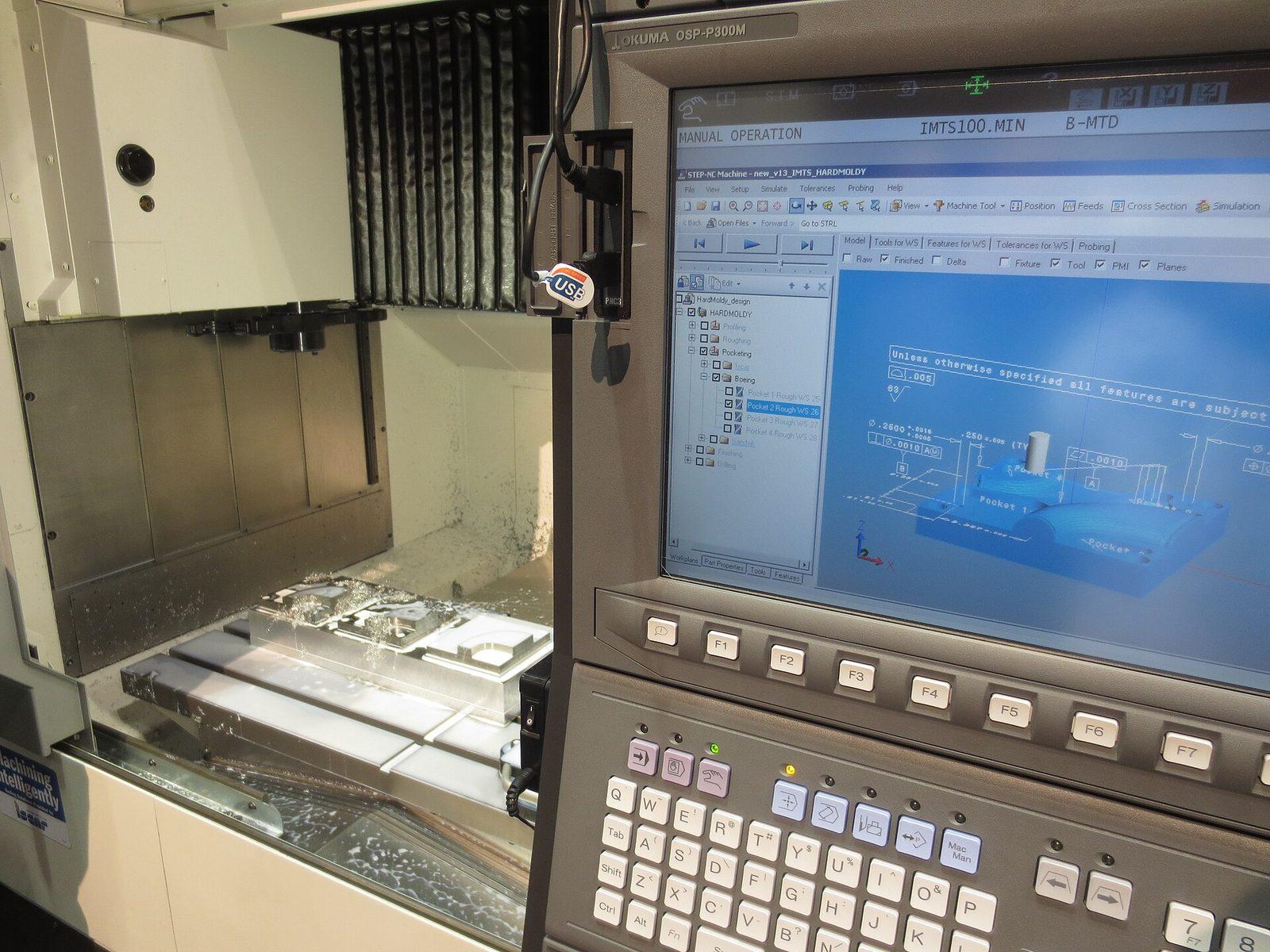 CAM/CNC software showing a part model and toolpaths on a machine control