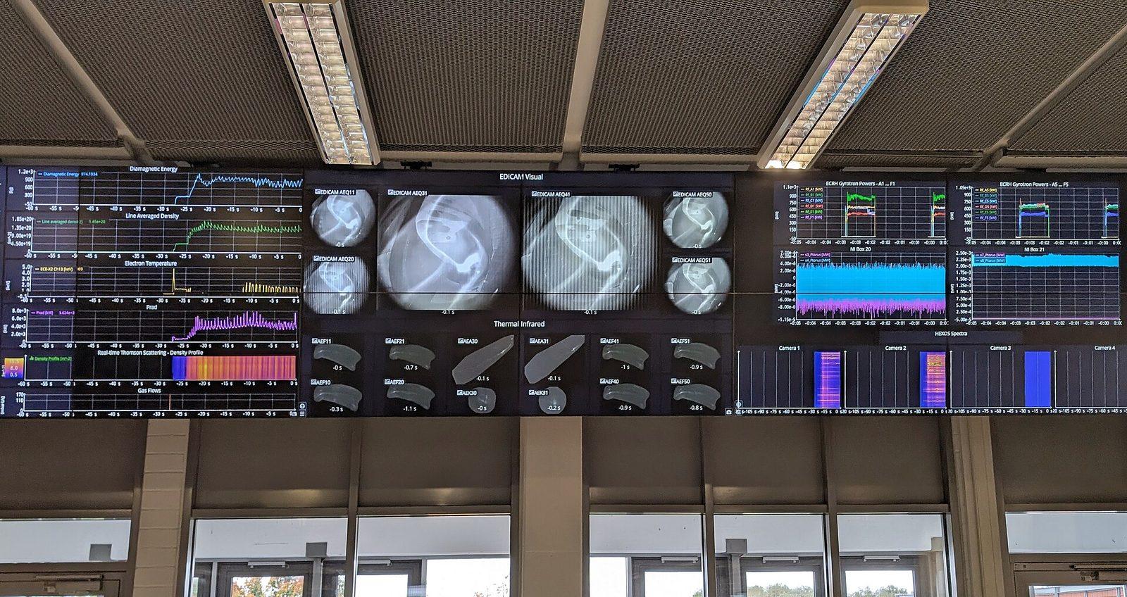 A wall of monitors showing live plots and camera feeds in a control room