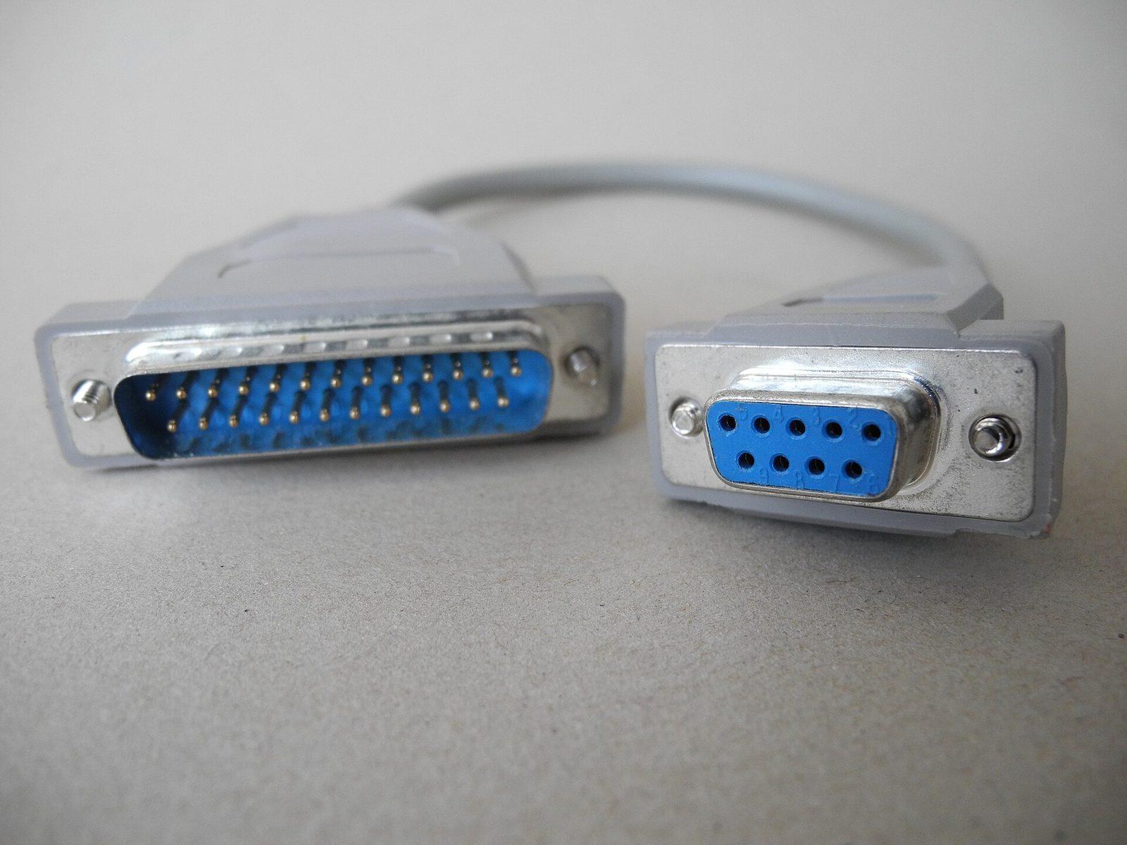 An RS-232 serial cable with DB25 and DB9 connectors