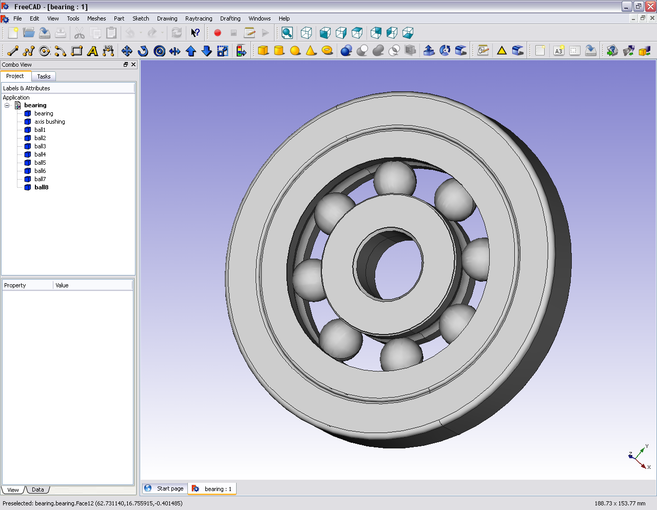 Parametric bearing model and feature tree in a CAD application
