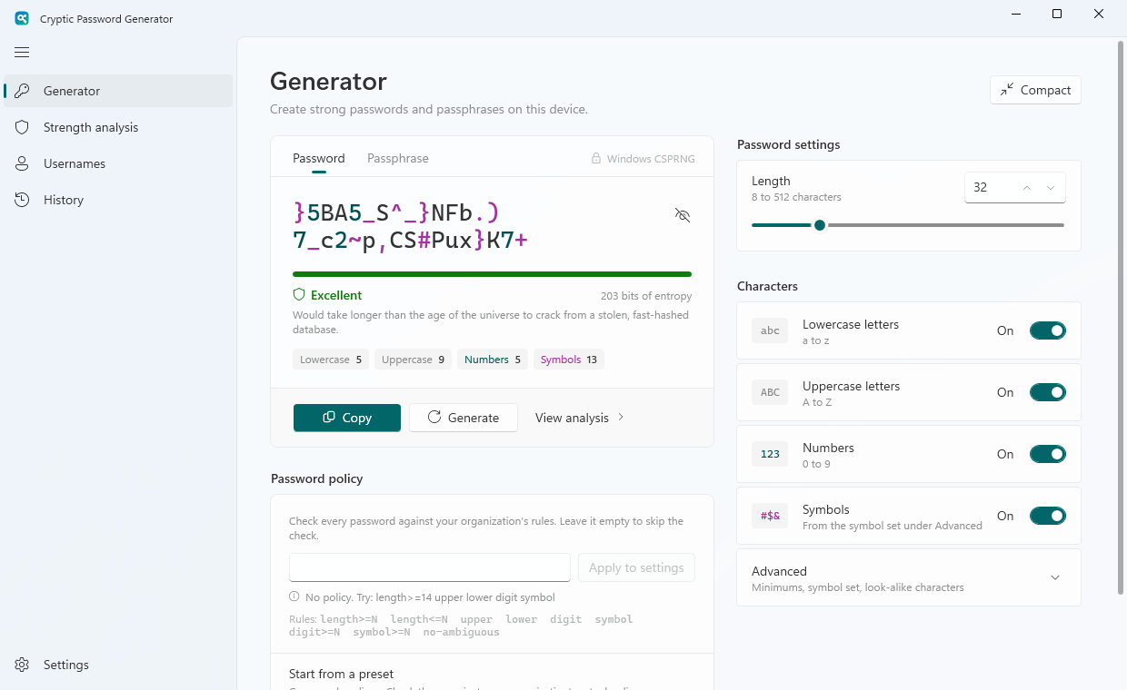 Cryptic Password Generator showing a color-coded password and a strength meter